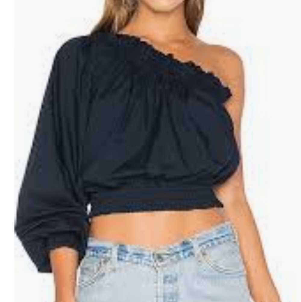 Free People Navy One Shoulder Blouse Top Size Large